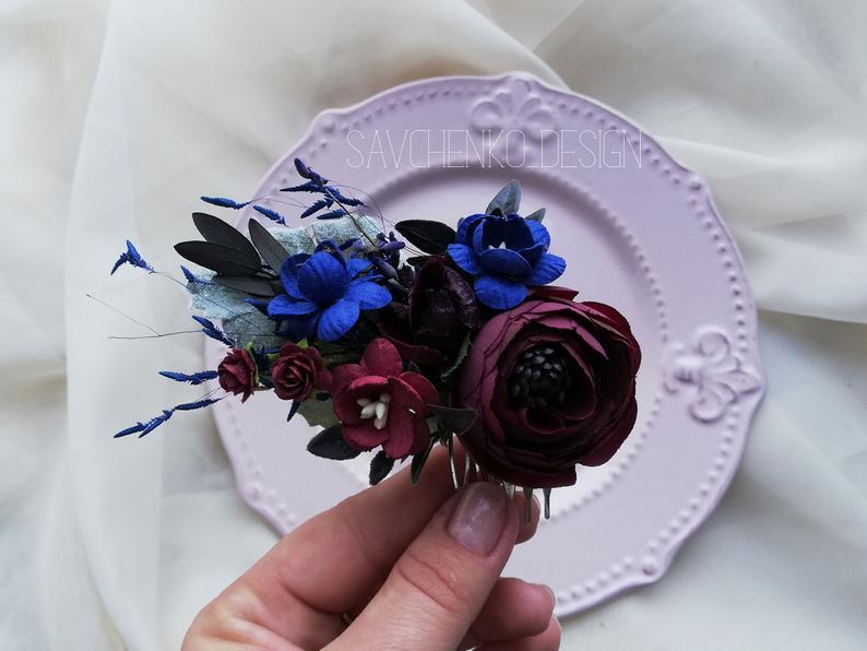 زفاف - burgundy hairpiece, Rustic wedding halo, blush and burgundy deep red hair comb, bridesmaid wreath marsala wedding bridal comb,blue hairpiece