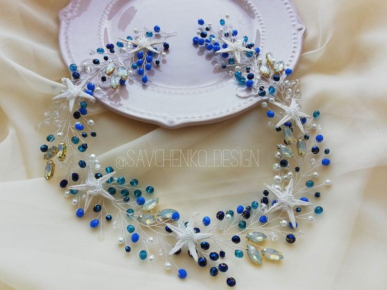 Mariage - Something blue beach wedding hair accessories aqua blue starfish tiara
