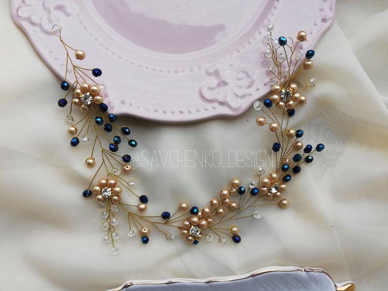 Свадьба - Gold and Royal blue Bridal hair vine