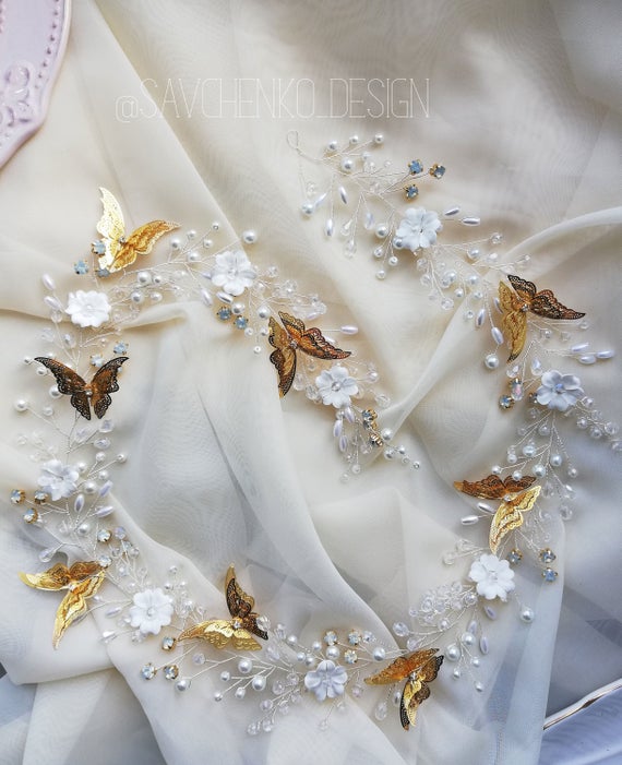 زفاف - Gold butterfly crown, wedding hairpiece,Fall Rustic woodsy wedding
