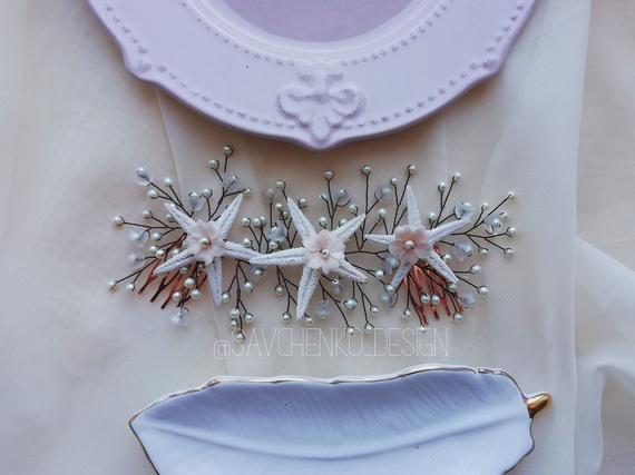 Свадьба - Beach wedding hair accessories, starfish bride headpieces, mermaid rose gold hair piece, wedding flower crown, seashell hair clip for bride