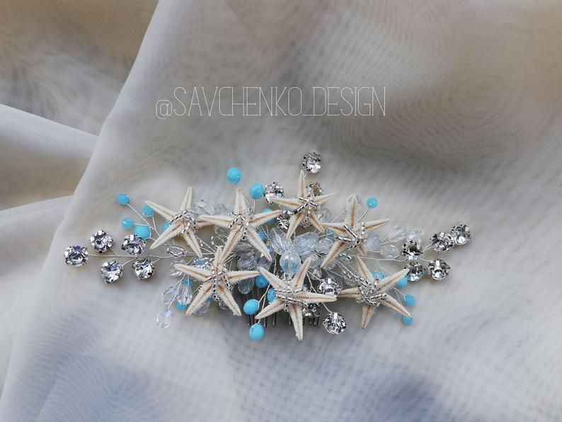 Wedding - something blue mermaid hair piece, beach wedding headpiece hair accessories, seashell costume Ariel Bridal seashell hair comb starfish