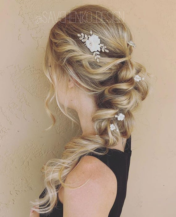 زفاف - Bridal hair white Flower Comb,Bridesmaid hair comb, Leafs hair accessories for bride