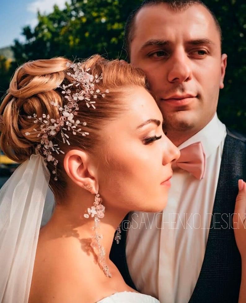 Mariage - Pink Bridal hair comb-vine Bridal hair accessories