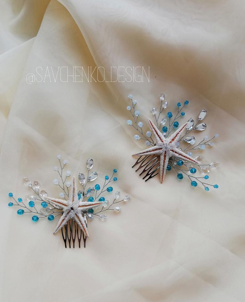 زفاف - Set of 2 hair comb with natural starfish and blue beads
