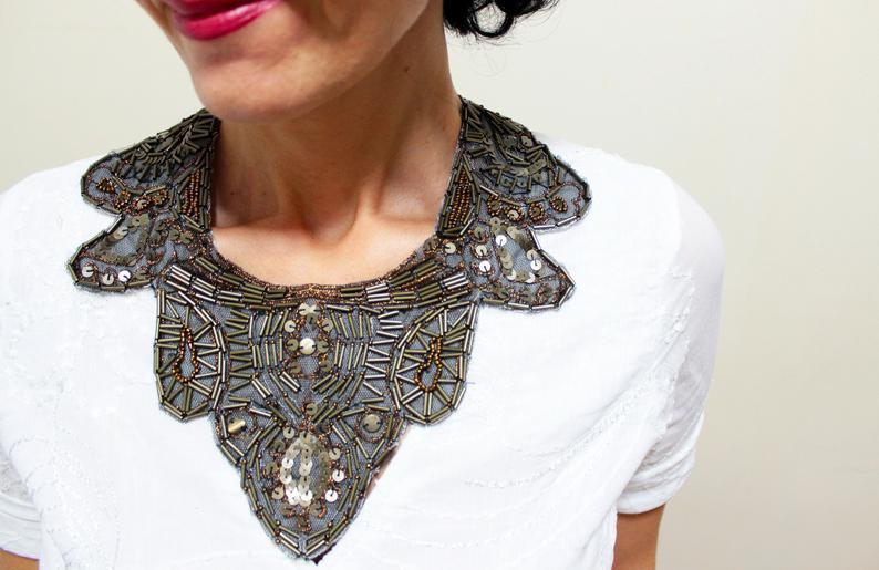 Wedding - Hand Embroidered Beaded Collar Bib Necklace Statement Ethnic Tribal Necklace Shabby Chic Collar Necklace Embellished Collar Gift For Her