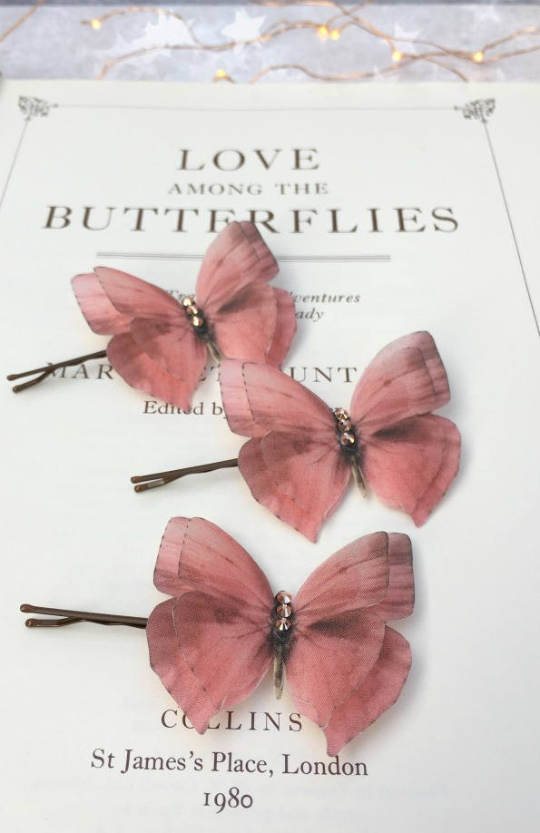 Hochzeit - Pretty Rose Gold Silk Butterfly Hair Pin with Swarovski Crystals