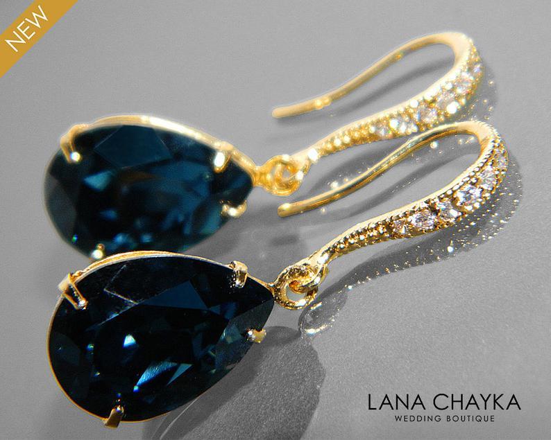 Wedding - Navy Blue Gold Crystal Earrings Swarovski Montana Teardrop Earrings Dark Navy Blue Rhinestone Wedding Earrings Bridal Bridesmaids Jewelry
