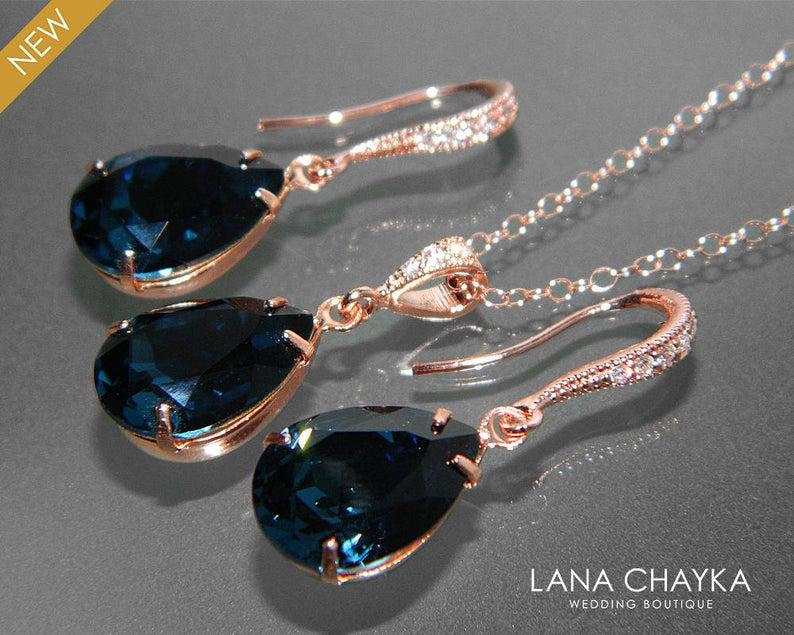 زفاف - Navy Blue Rose Gold Jewelry Set Blue Earrings&Necklace Bridal Set Swarovski Montana Pink Gold Jewelry Set Prom Dark Blue Jewelry Bridesmaids