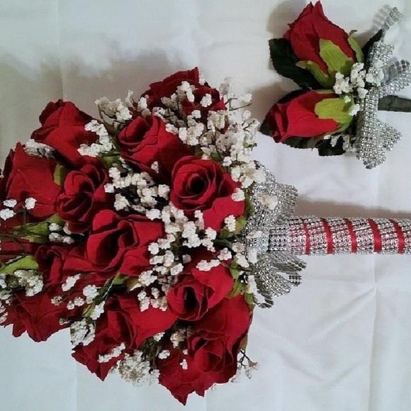 Hochzeit - Red Rose Wedding Bridal bouquet & boutonniere set