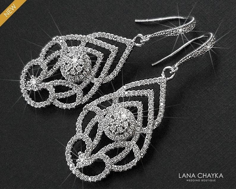Wedding - Bridal Chandelier Earrings, Wedding Cubic Zirconia Earrings, Statement Silver Earrings, Silver Victorian Dangle Earrings, Bridal Jewelry