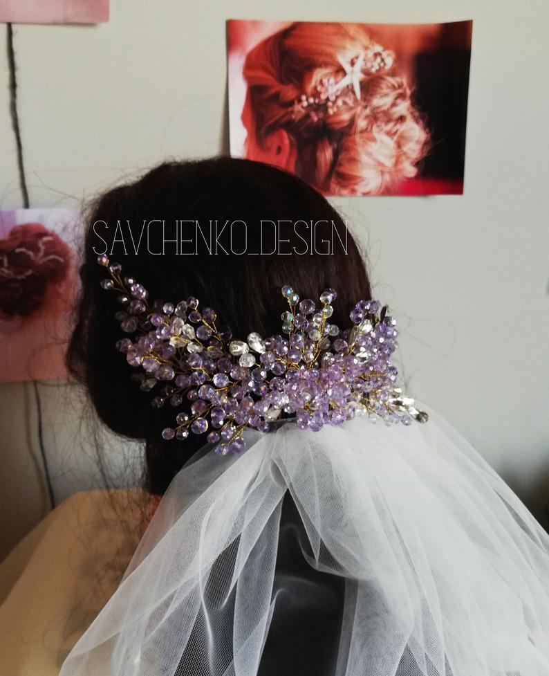 Hochzeit - Purple wedding hair accessory, amethyst hair comb, Purple stone hair vines for bridesmaid, violets hair clip, bridal lavender headpiece