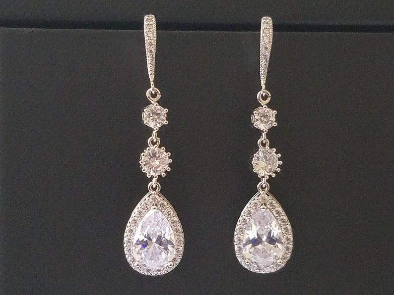 Wedding - Crystal Bridal Earrings, Wedding Cubic Zirconia Silver Earrings, Chandelier Earrings, Statement Earrings, Bridal Jewelry, Dangle CZ Earrings