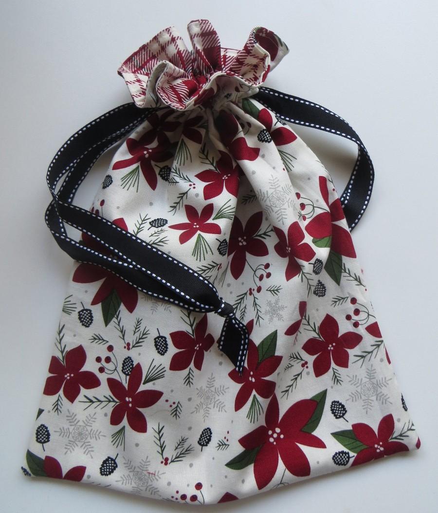 زفاف - Poinsettia Christmas Bag Lined Drawstring