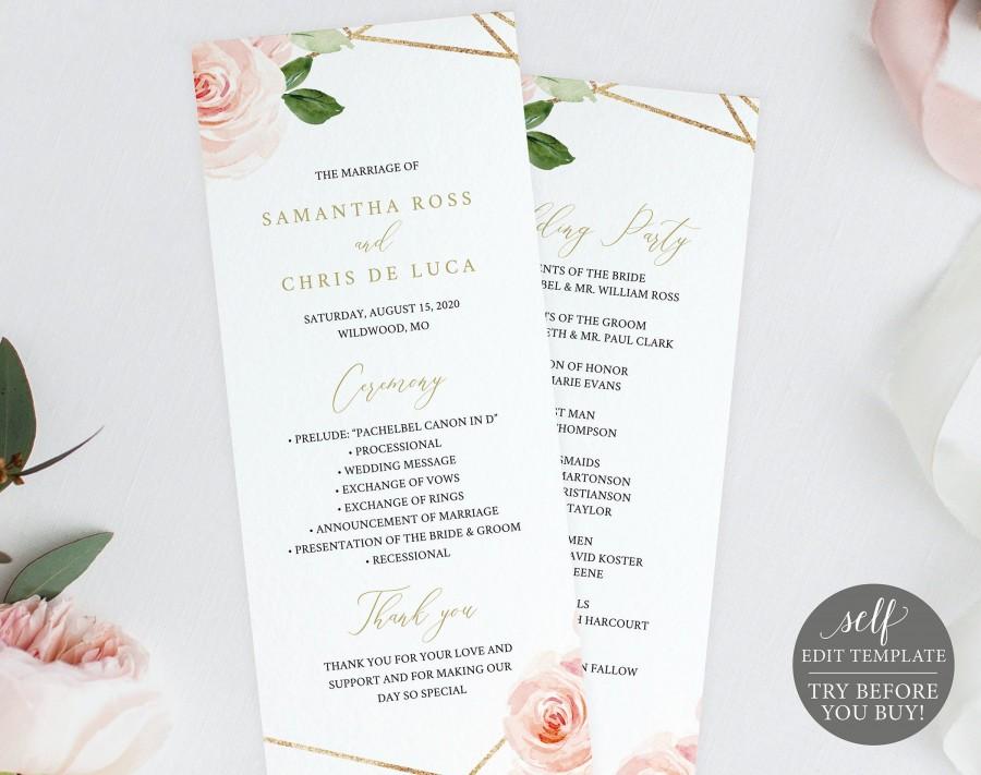 Wedding - Wedding Program Template, Self Edit Instant Download, Blush Floral, TRY BEFORE You BUY