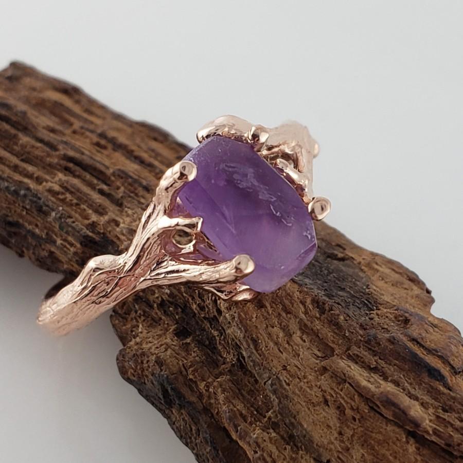 Wedding - Hand Cut Rough 1.4ct Amethyst 14k Rose Gold Twig Ring, Gemstone Solitaire, Engagement Ring by Dawn Vertrees