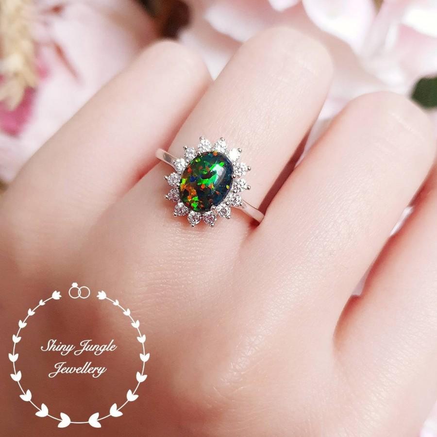Hochzeit - Halo Black Opal ring, cabochon Opal ring with diamond simulants halo, promise ring, October Birthstone ring, engagement ring, modern ring