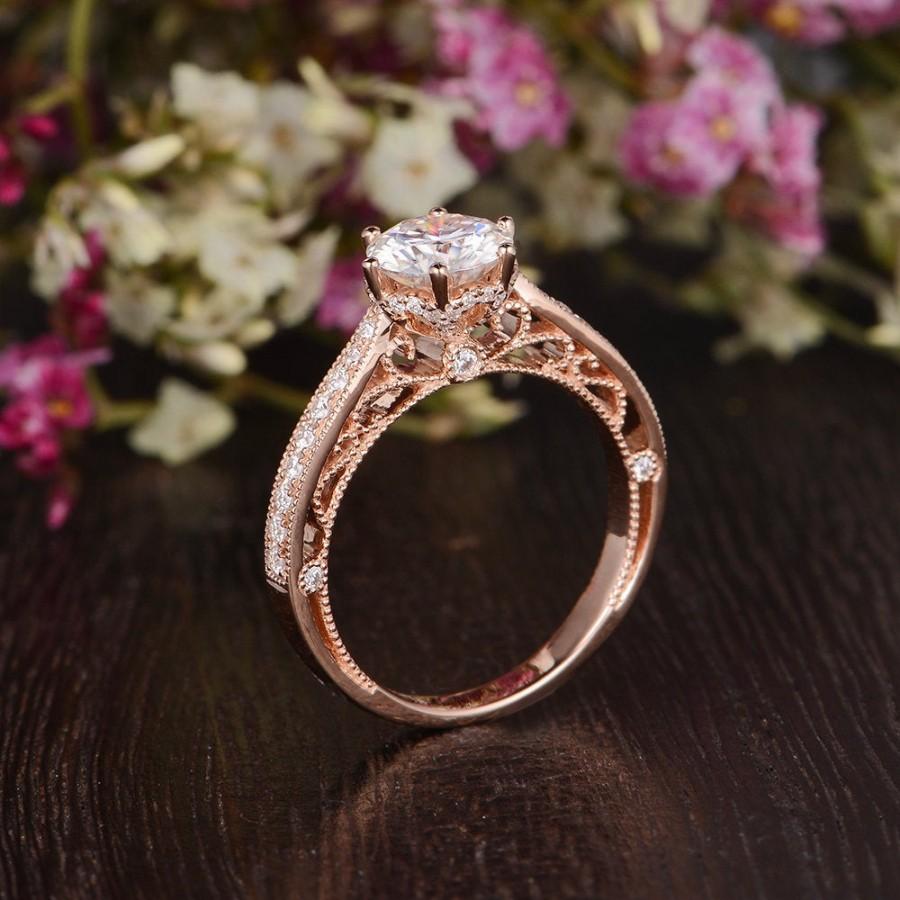 Hochzeit - 1ct Moissanite Engagement Ring Uniqiue Wedding Ring Antique Rose Gold Engagement Ring Milgrain Band Cathedral Moissanite Flower Vine Band