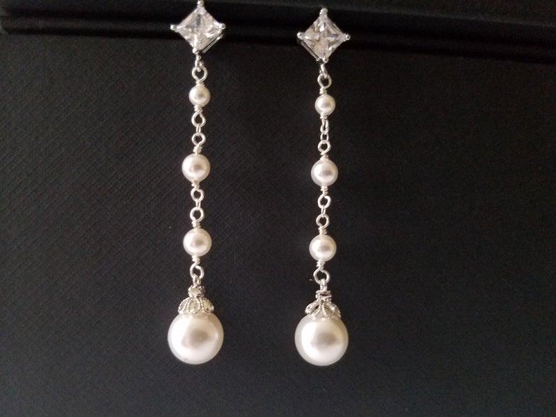 Mariage - Pearl Bridal Earrings, Wedding Earrings, Swarovski White Pearl Drop Silver Earrings, Dainty Pearl Dangle Earrings, Pearl Bridal Jewelry