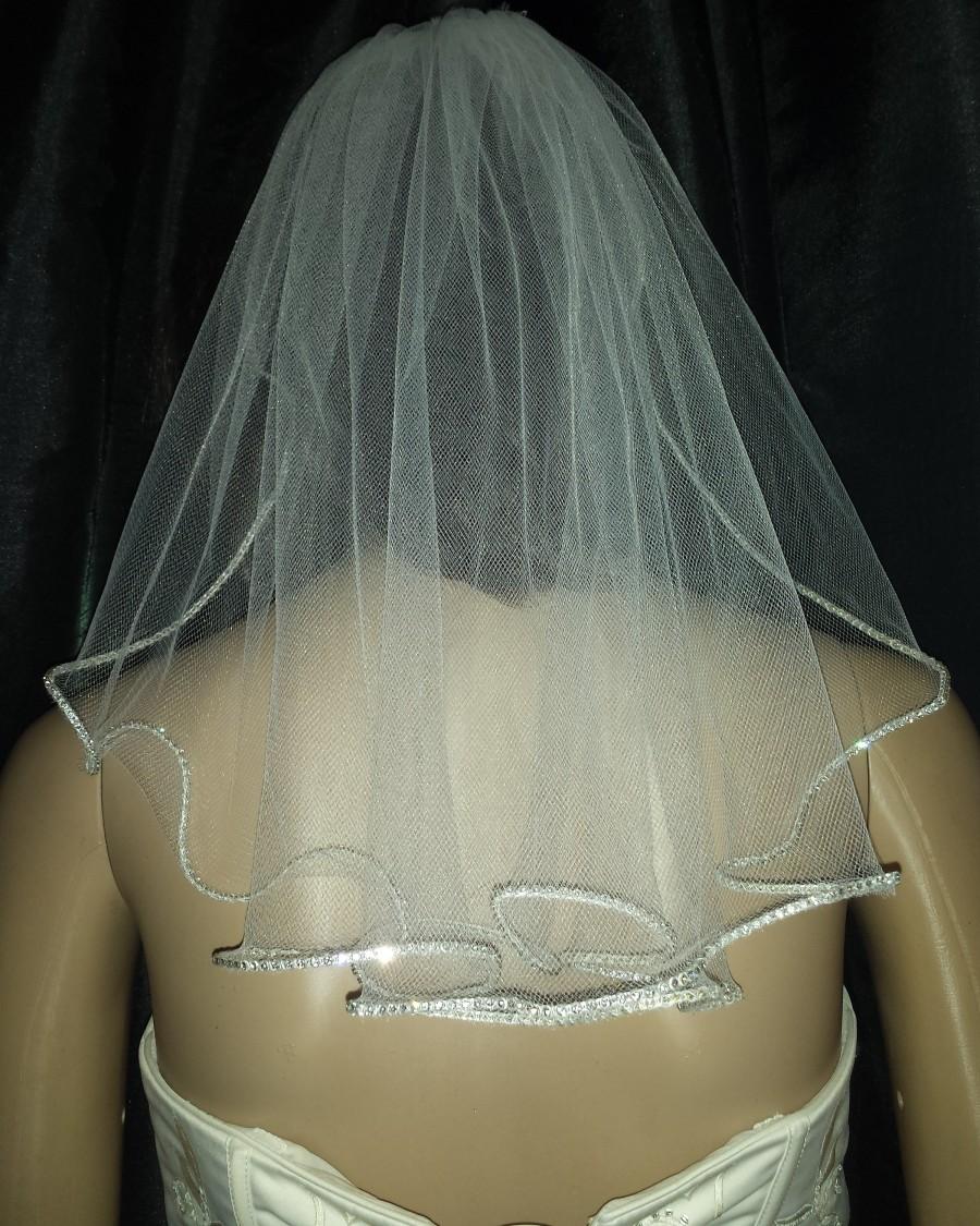 Hochzeit - Hen party veil Diamante Rhinestone edged wedding veil 1 Tier 18" length. Brides up do hair. Other colour's white, Pale Ivory FREE UK POSTAGE