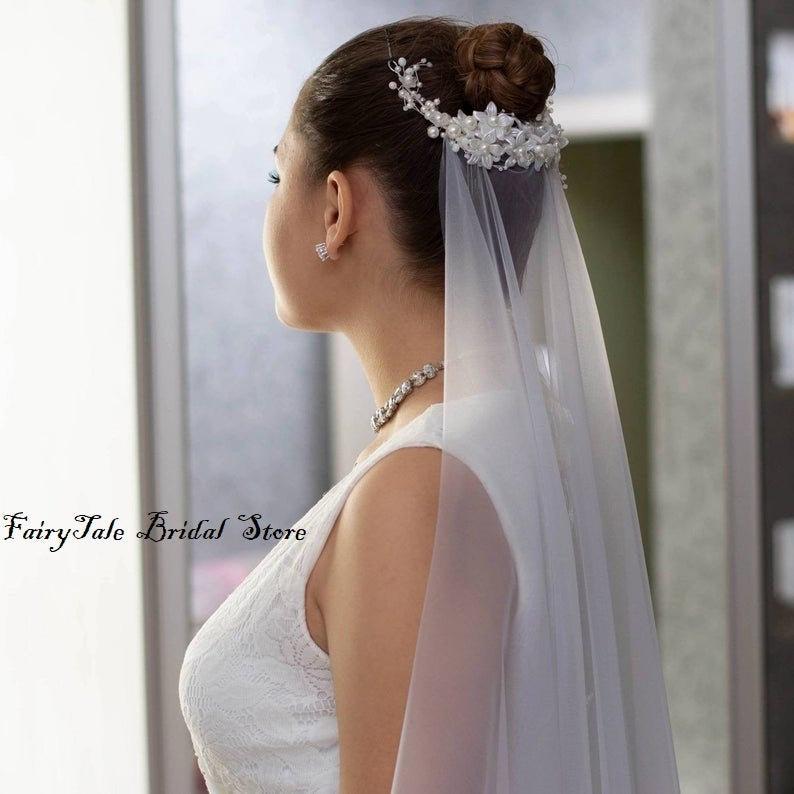 زفاف - vory wedding Veil with Floral Headpiece,White  Wedding Veil, White Bridal Veil with Comb,Ivory Bridal Veil,floral Headpiece with veil & Comb