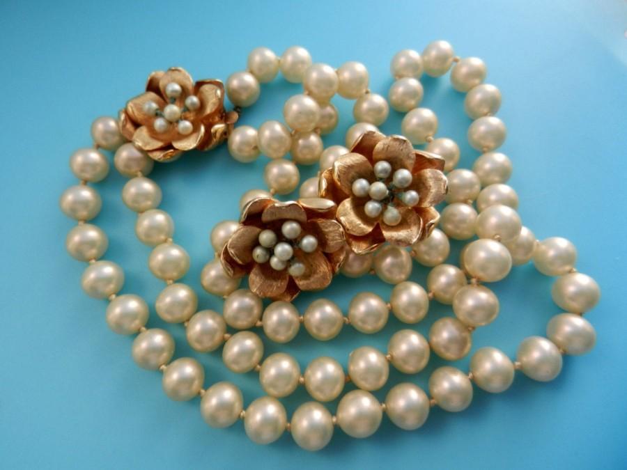 Wedding - 2-strand cascade pearl necklace and earrings set-MARVELLA 1950-fantastic golden flowers and beautiful pearls-very good quality--Art.448/3 -
