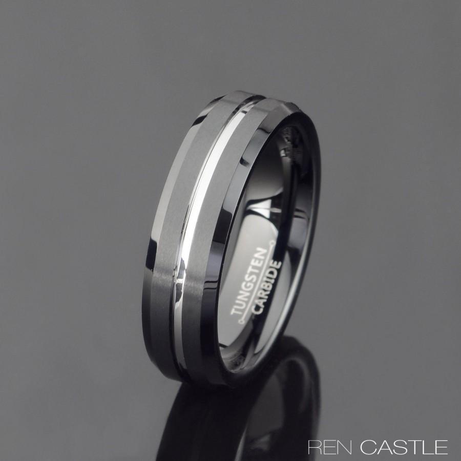 Mariage - Black Tungsten Wedding band Grooved Tungsten Ring Mens Wedding Band Mens Gift 6mm beveled Ring Personalized Ring Free Laser Engraving