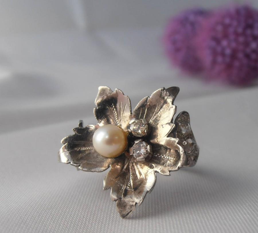 زفاف - Vintage Platinum Flower Ring with 5mm Pearl and Diamonds - Size 6.5 - Engagement Ring - Anniversary