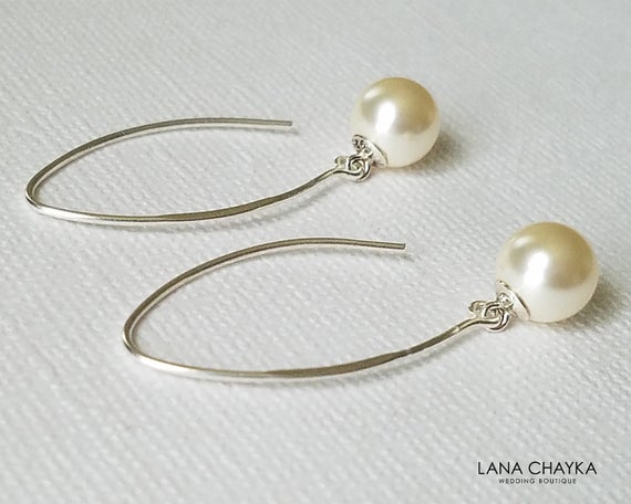 Wedding - Pearl Sterling Silver Dangle Earrings, Swarovski 8mm Ivory Pearl Earrings, Simple Pearl Earrings, Wedding Pearl Jewelry, Bridal Earrings