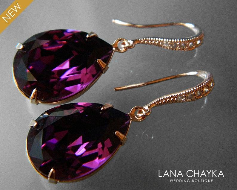 Mariage - Amethyst Rose Gold Crystal Earrings, Swarovski Amethyst Rhinestone Earrings, Purple Teardrop Earrings, Wedding Purple Jewelry, Prom Earrings