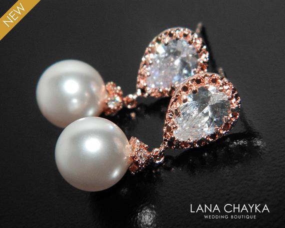 زفاف - White Pearl Rose Gold Bridal Earrings, Swarovski 10mm Pearl CZ Pink Gold Earrings, Wedding White Drop Pearl Earrings Bridesmaid Prom Jewelry