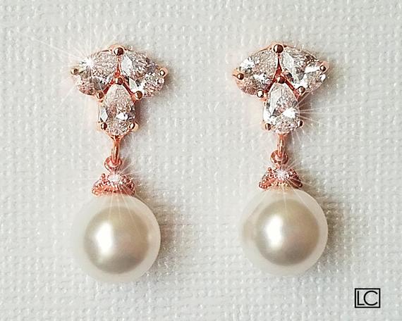 Mariage - White Pearl Rose Gold Earrings, Swarovski White Pearl Drop Bridal Earrings, Rose Gold Pearl Jewelry Wedding Pink Gold Earring Bridal Jewelry