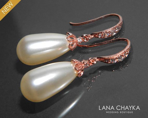Wedding - Pearl Rose Gold Earrings, Swarovski Ivory Teardrop Pearl Pink Gold Earrings, Dangle Pearl Wedding Earrings, Bridal Rose Gold Pearl Jewelry,