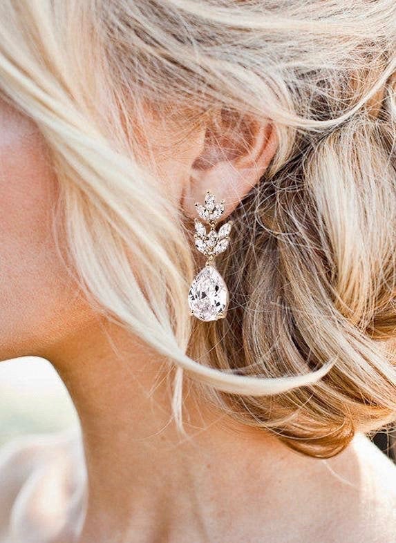 Hochzeit - Crystal Bridal Earrings Drop Earrings Rose Gold Wedding Jewelry Crystal Tea drop Earrings Gold Bridal Jewelry Silver bridal earrings