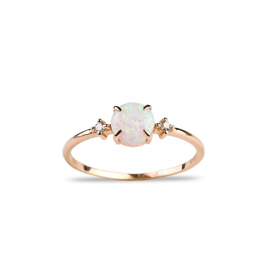 Solid 14k Gold Natural Round White Opal Minimalist Ring