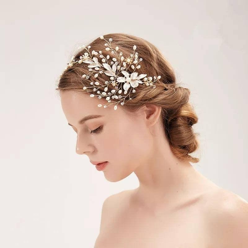 زفاف - Gold & Pearl Wedding HeadBand with Flowers-Hair Jewellery for Brides-Gold Bridal Headpiece-Crown-Bridal Hair Accessories-Brides Hair Vine