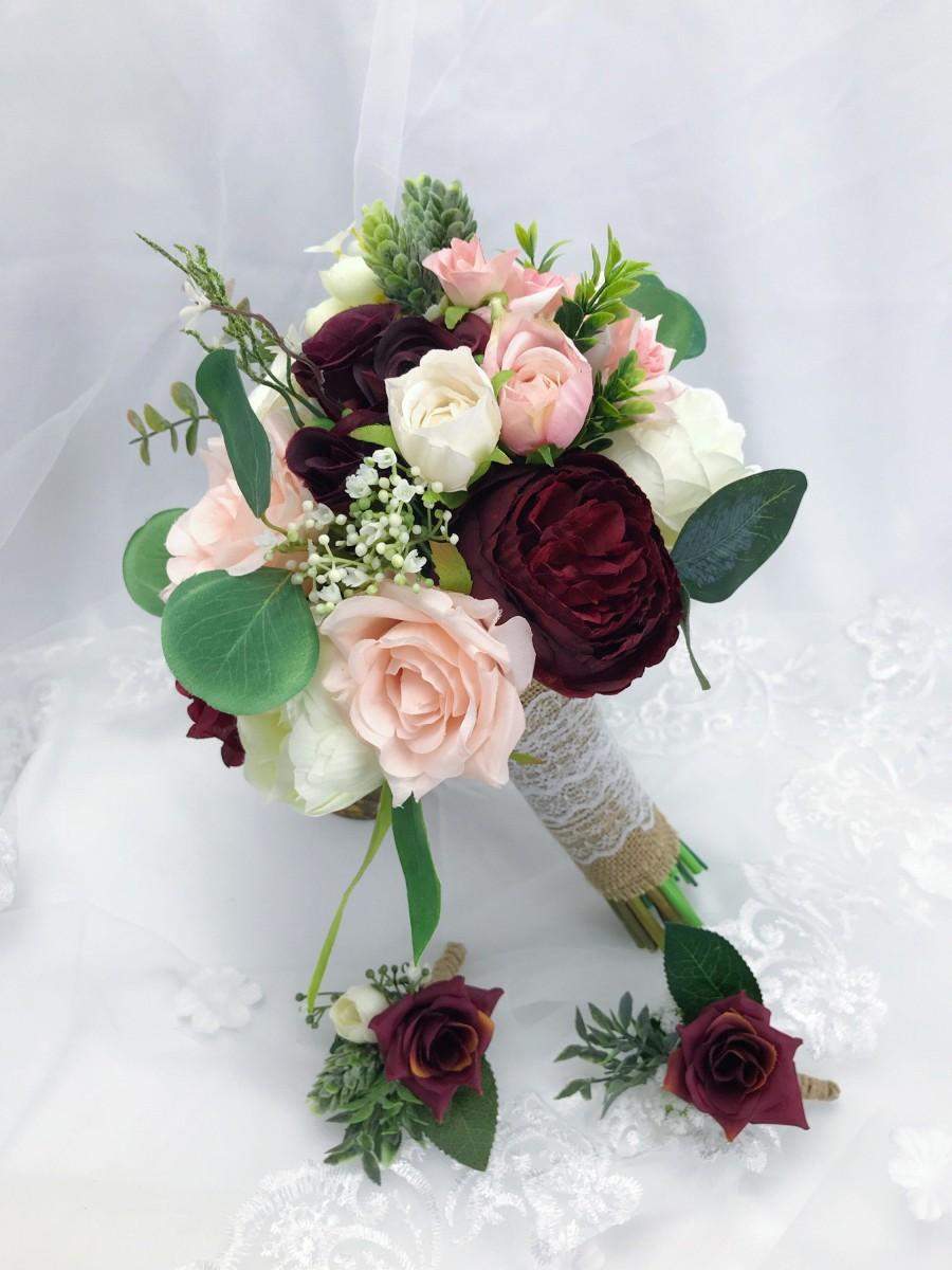 Mariage - Wedding Bouquets, Bridal Bridesmaids Bouquets, Winter Wedding Bouquet, Burgundy Blush Pink Rose Bouquet, Boho Bouquet, Peonies, Eucalyptus