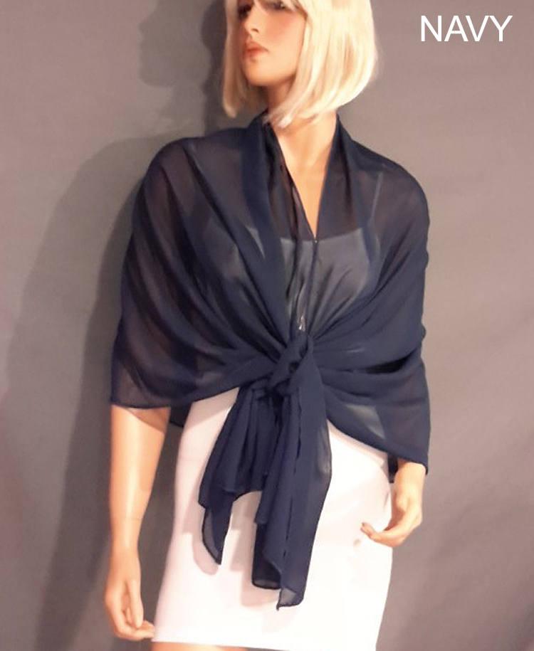 Mariage - Chiffon pull thru wrap wedding shawl scarf sheer cover up long evening shrug prom stole bridal CW201 AVL in navy blue and 6 other colors