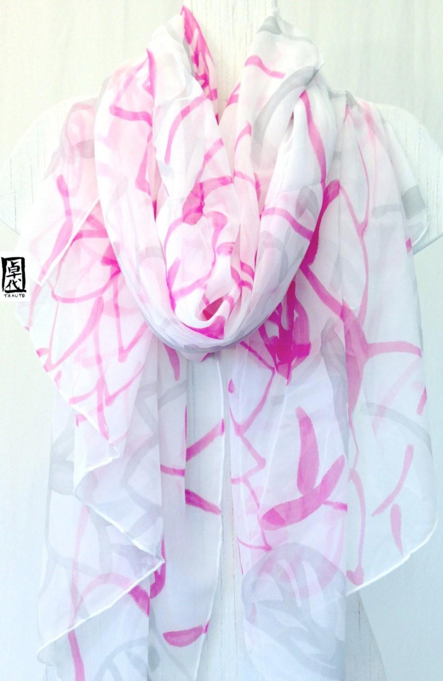Wedding - Sarong Scarf, Silk Summer Scarf, Sarong Wrap, Silk Sarong, Hand Painted Pink and gray Kimono Floral, Chiffon Scarf.  43x72  in.