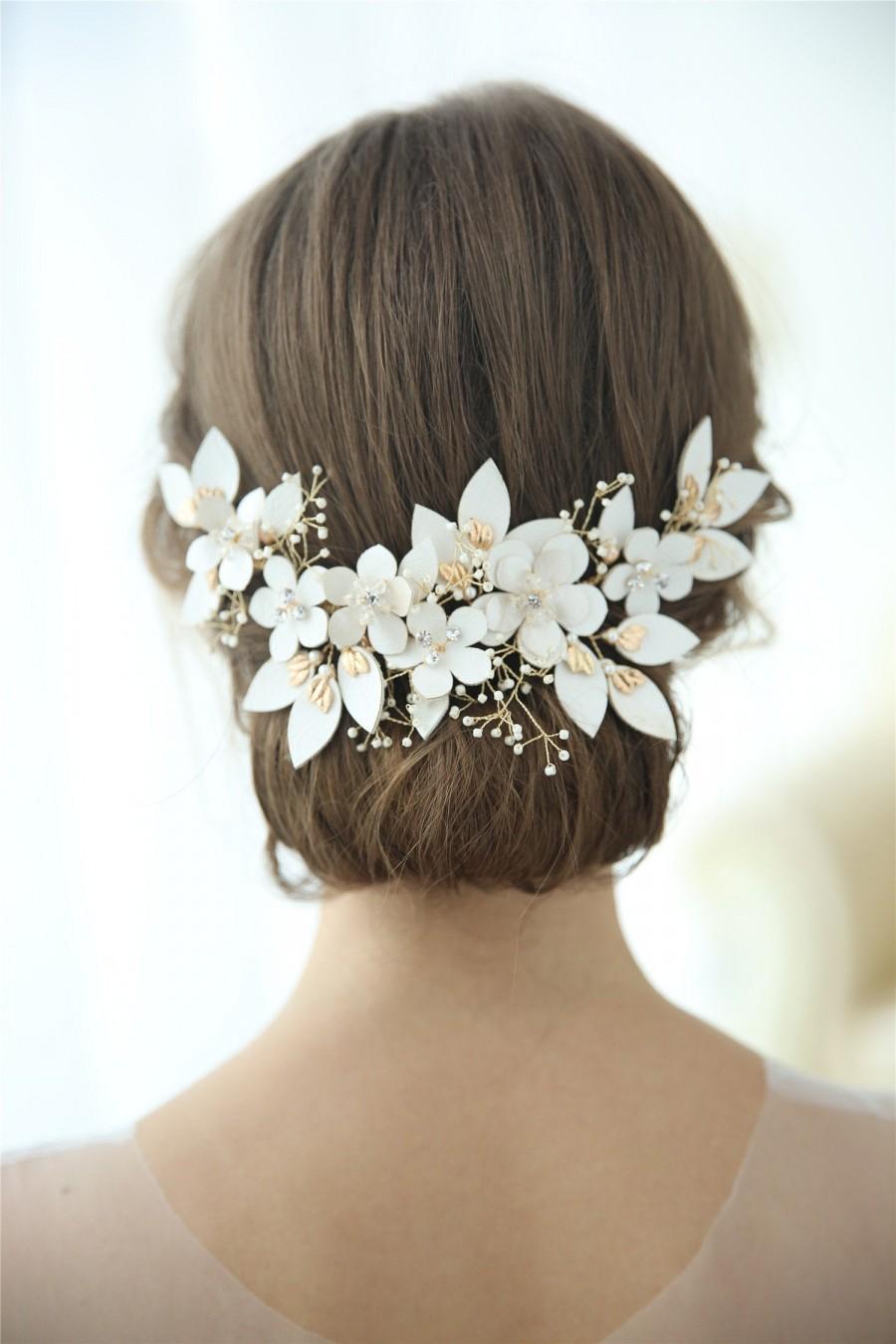 Hochzeit - Leather gold floral Hair comb,Bridal pearl Hair Piece,flower hair comb,Pearl Wedding Hair Clip,pearl Hair Comb,Bridal Headpiece,TJ61