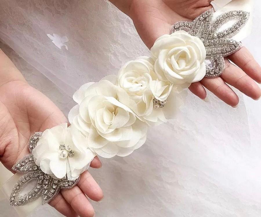Hochzeit - Floral Rhinestone Bridal Wedding Belt Sash - Crystal Chiffon Wedding Belt, Bridal Belt, Bridesmaid's Belt Sash, Flowergirl Belt