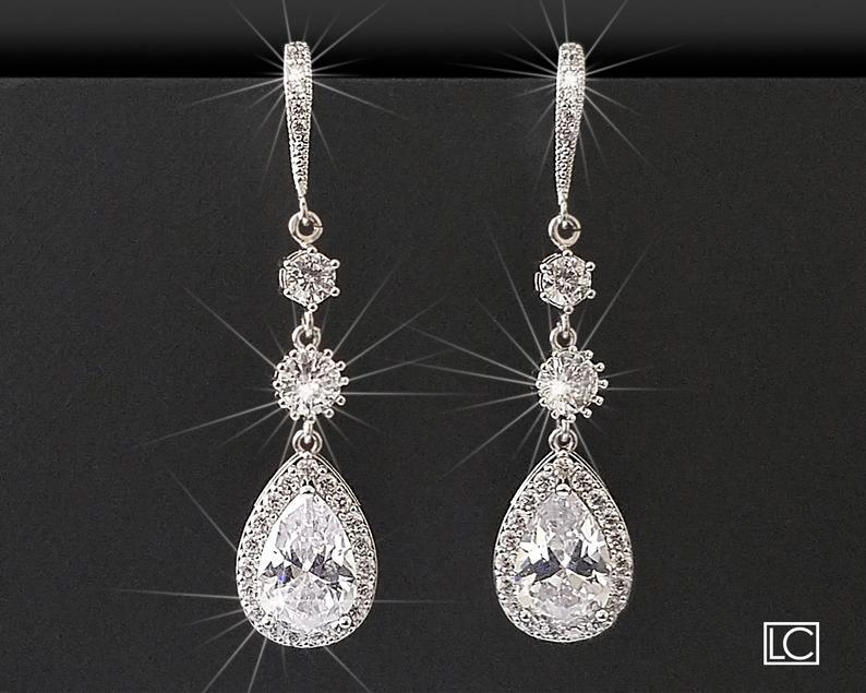 Mariage - Crystal Bridal Earrings, Wedding Cubic Zirconia Silver Earrings, Chandelier Earrings, Statement Earrings, Bridal Jewelry, Dangle CZ Earrings