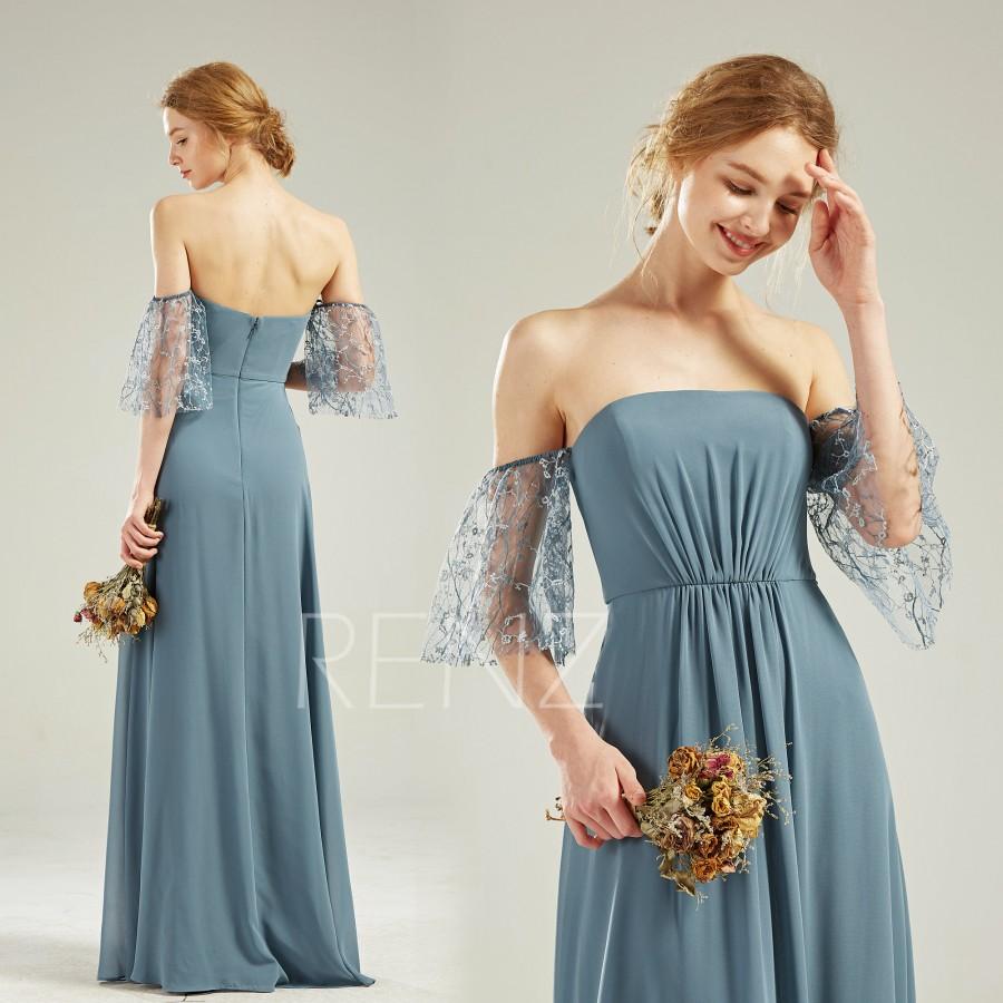 Свадьба - Party Dress Steel Blue Chiffon Bridesmaid Dress Illusion Off the Shoulder Prom Dress Straight Across Strapless Lace Wedding Dress (H803)