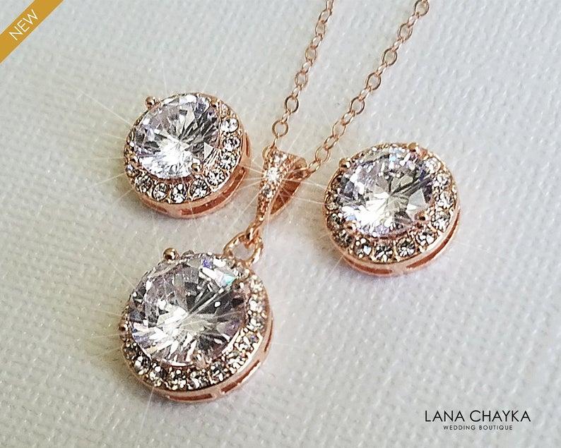 زفاف - Rose Gold Bridal Jewelry Set, Cubic Zirconia Halo Earrings&Necklace Set, Pink Gold Wedding Jewelry Set, Earring Studs Pendant Jewelry Set