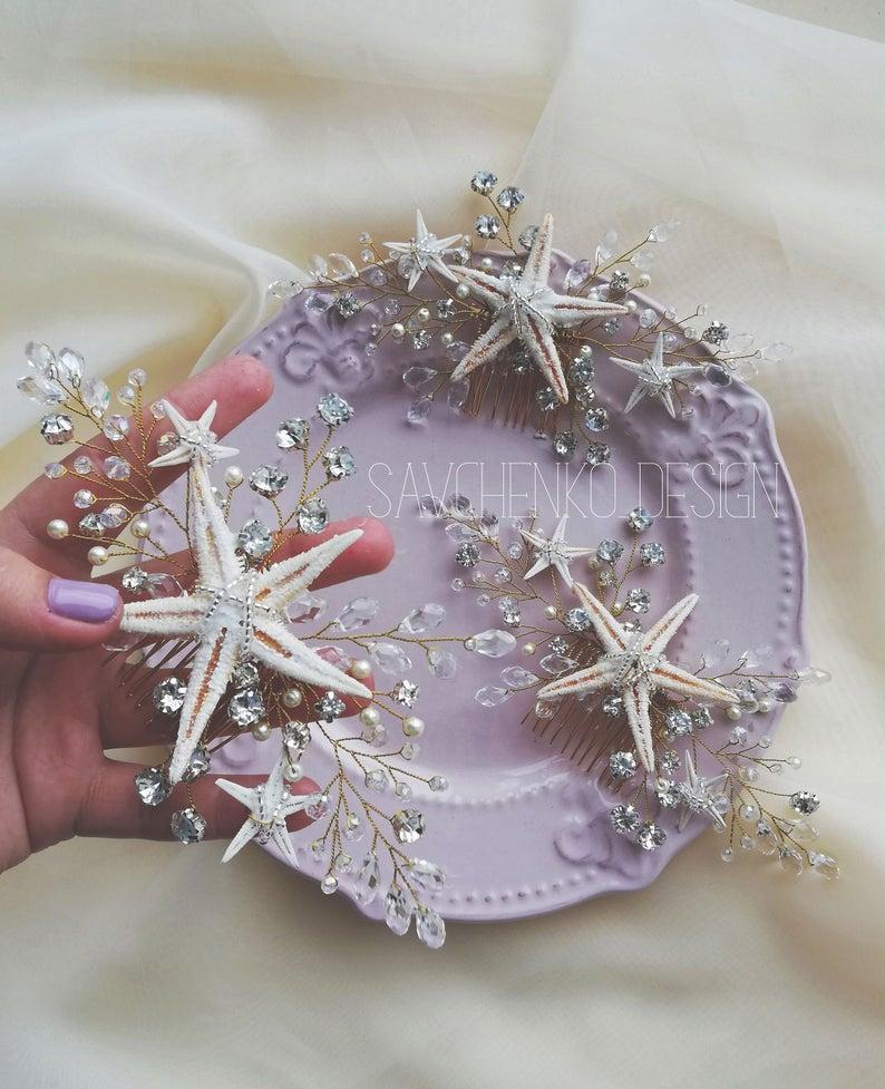 Hochzeit - beach wedding gift hair accessories - set of three starfish hair comb-seashell hair piece-7 bridal hair comb for bridesmaid-bridesmaid hair