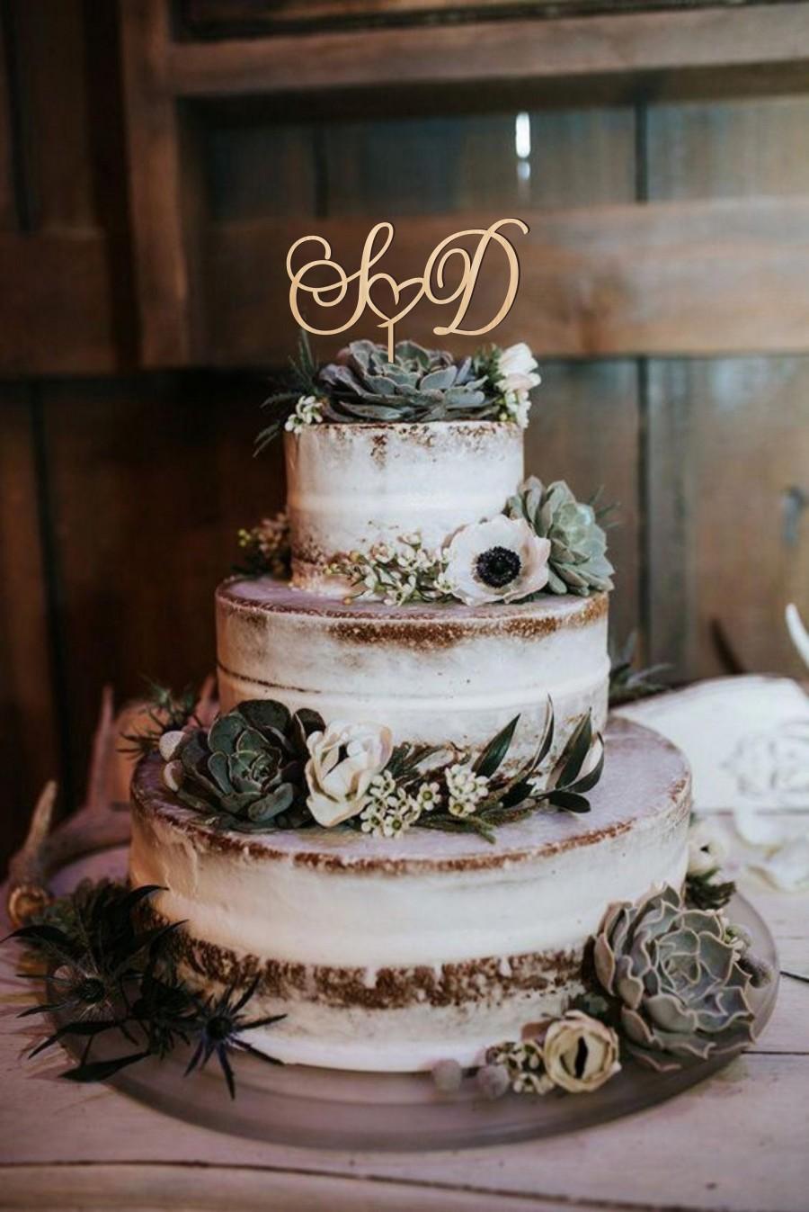 زفاف - Initial letters cake topper for wedding, personalized cake topper, wedding cake topper, heart cake topper in 6 wood types, gold and silver