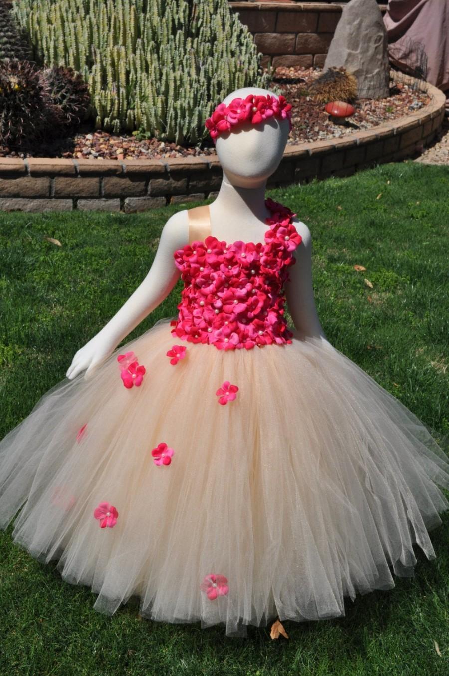 زفاف - Fuchsia Champagne Flower Girl Dress, Girls Pink Beige Dress, Toddler Fuchsia Champagne Dress, Infant Special Occasion Dress,Pink Flowergirl