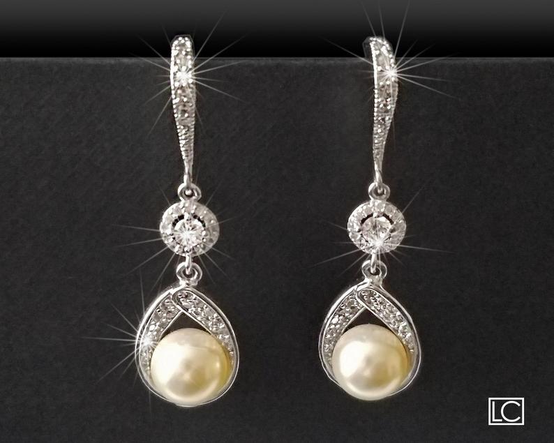 Mariage - Pearl Bridal Earrings, Swarovski Ivory Pearl Silver Earrings, Pearl Chandelier Wedding Earrings, Bridesmaids Jewelry, Pearl Dangle Earrings