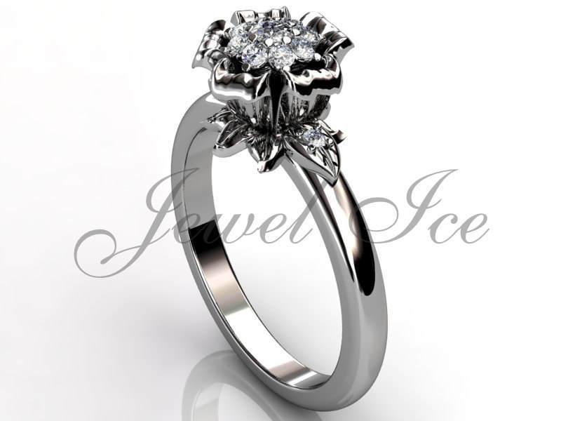 Wedding - Flower Engagement Ring, 14k White Gold Diamond Cluster Unique Flower Engagement Ring, Floral Ring, Leaf Ring, Art Deco Ring ER-1034-1