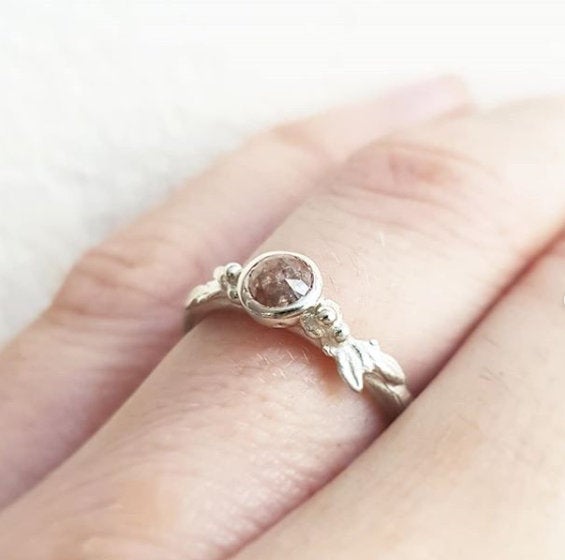 Wedding - Rose Cut Diamond, Olive Leaf Ring in 9ct Gold - Alternative Engagement Ring, Made To Order By Hand